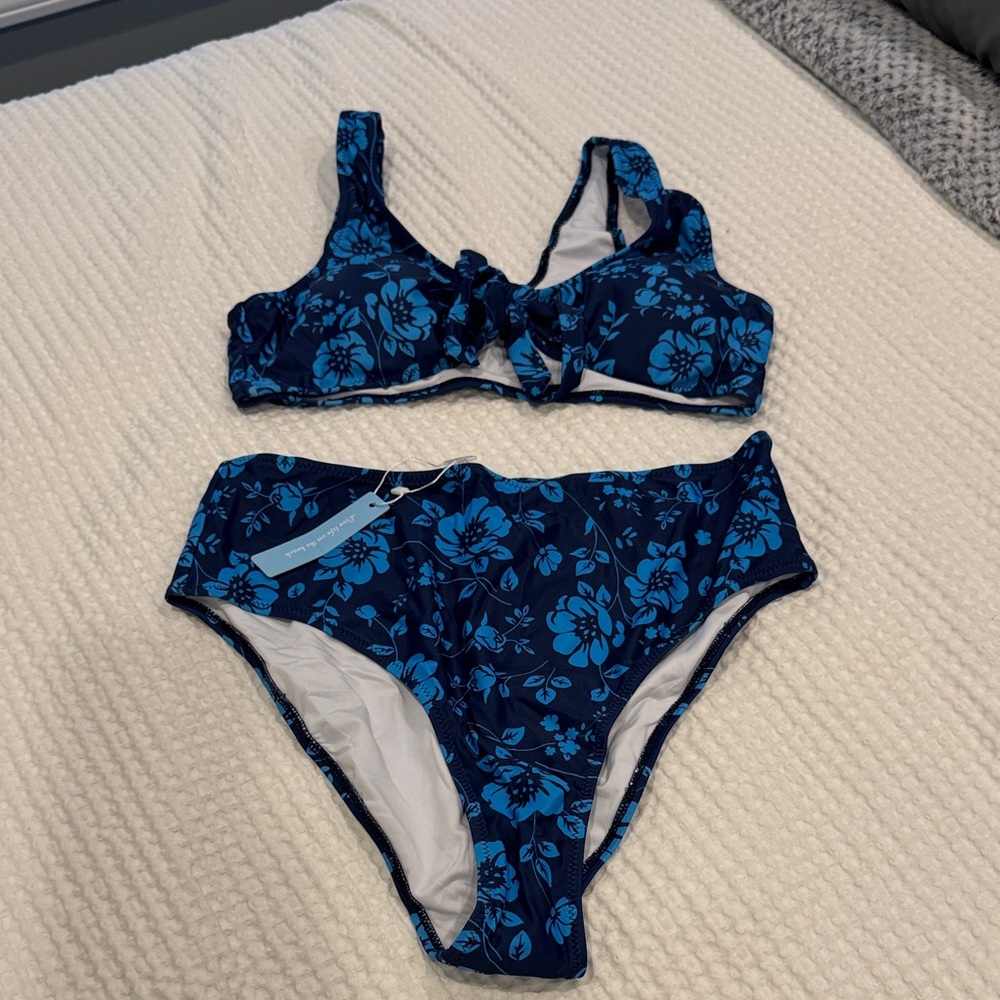 Blue Floral Tie-Front Bikini Top & High Waist Bottoms